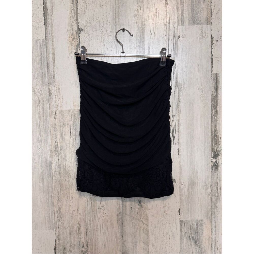 Windsor Privy Black Ruched Lace Mini Skirt | Bodycon Dressy Club Skirt Size Medi